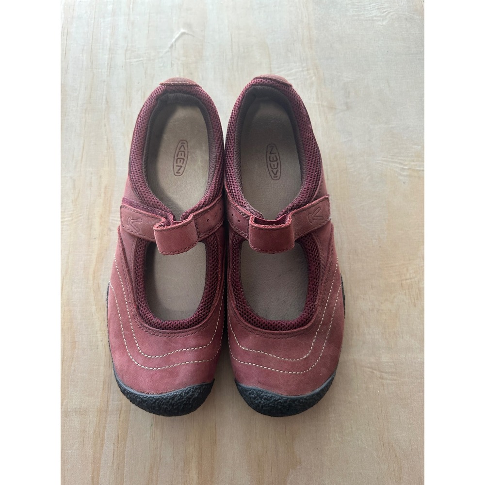 Keen Women Burgundy Red Nubuck Leather Mary Jane Flats Hook Loop Strap Shoes - Picture 2 of 9